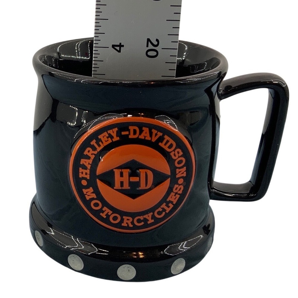 Harley-Davidson Biker Coffee Mug Black Orange 3D Logo Studded Base 2002 Vintage - Picture 2 of 5